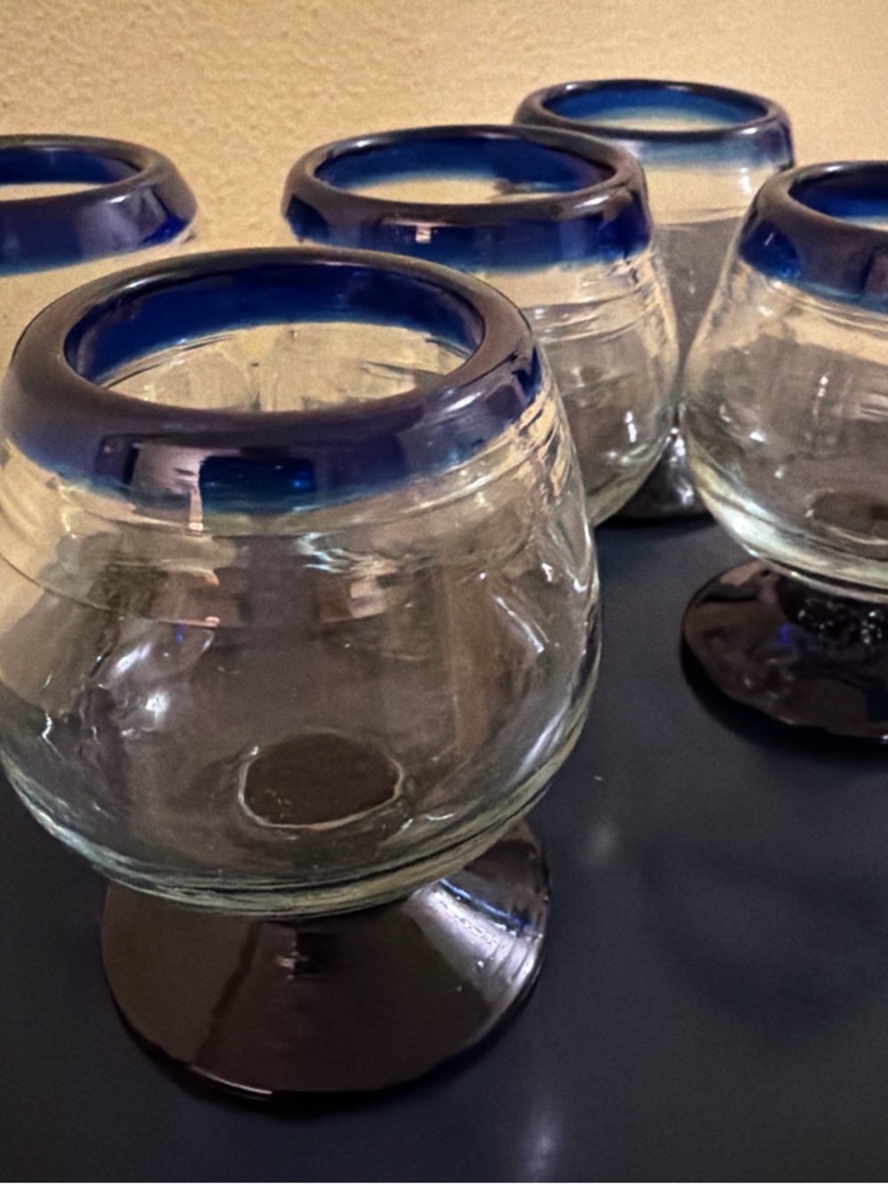 Blue-Rim Glass Accent Cup with Blue Pedestal use liquor or decor 5 glasses